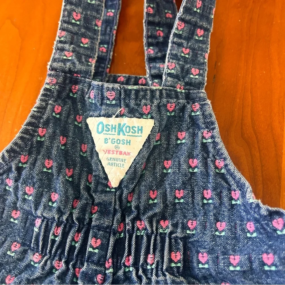 Vintage Oshkosh Girls Tulip Floral Embroidered Dark Wash Denim Overalls 12 mos